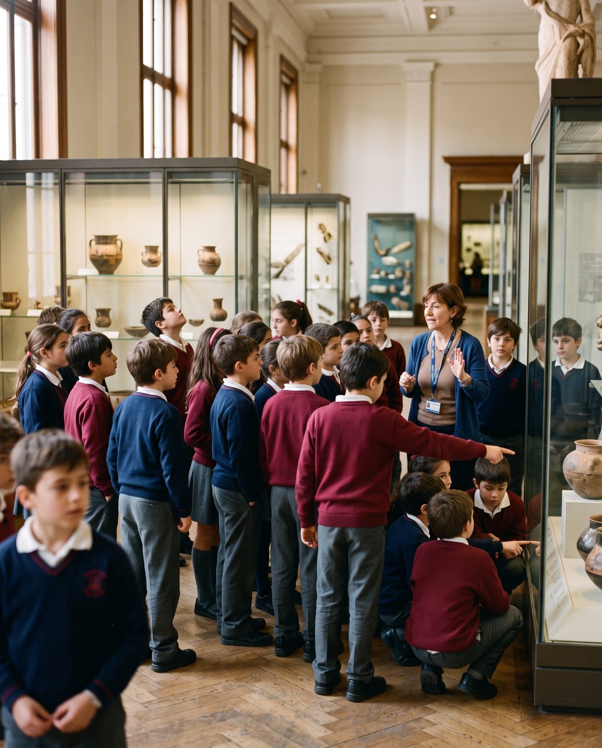Grupo escolar con su guía en una visita al museo