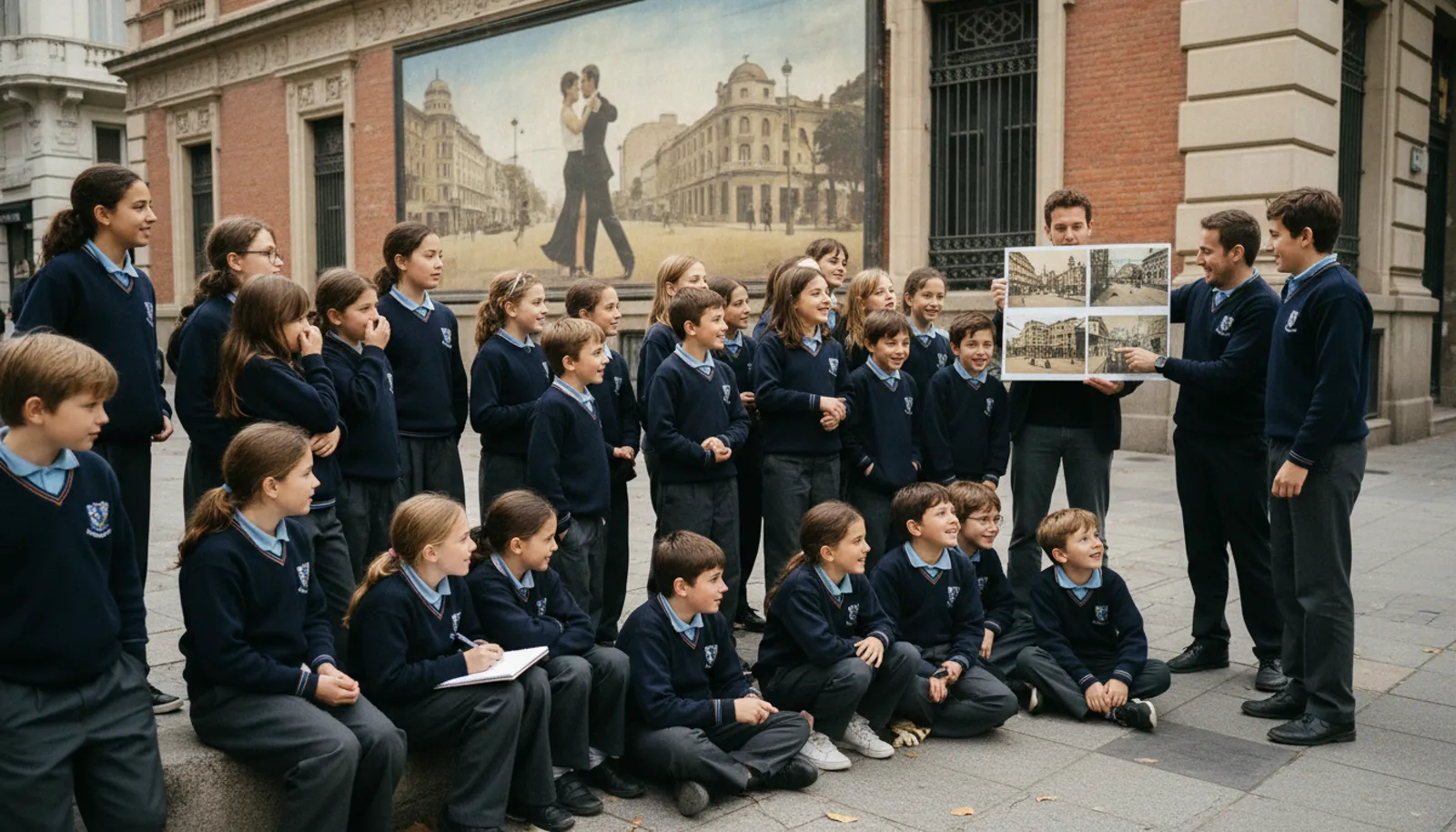 Grupo de un colegio mirando fotos antiguas de Buenos Aires con su guía