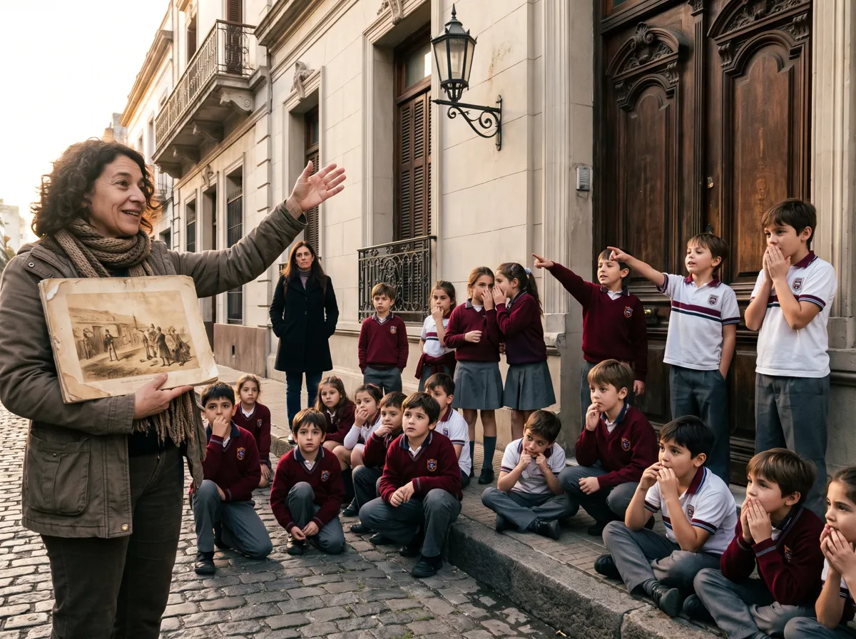 Grupo de un colegio con uniforme bordó escuchando una leyenda en una calle empedrada de San Telmo