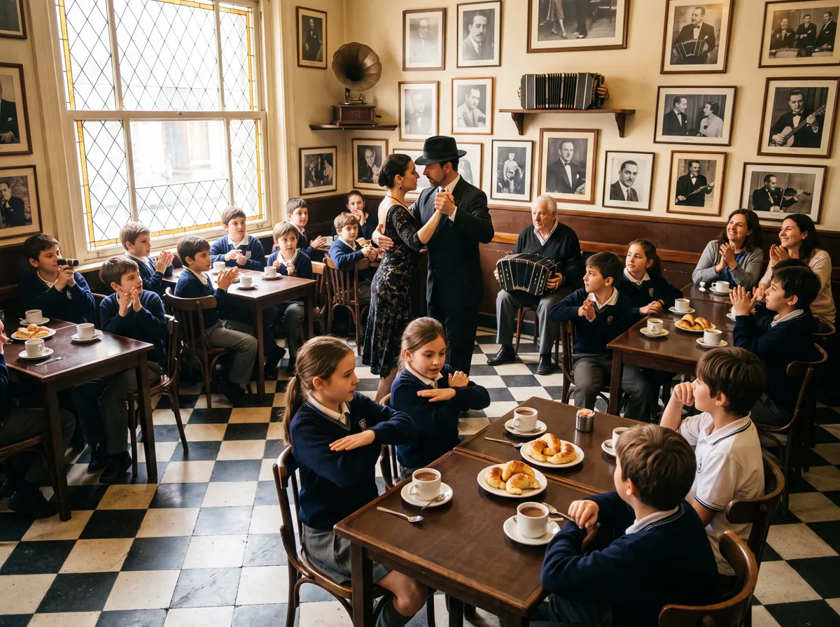 Grupo de un colegio aplaudiendo a una pareja que baila tango con bandoneón en un bar notable